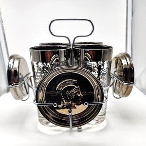 Vintage Kimiko Barware Silver Banded Rimmed Four Glasses Gladiator Coasters Rack